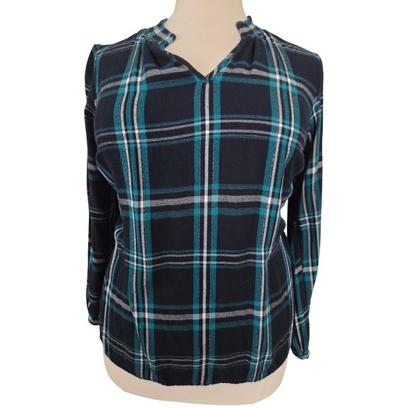 Lane Bryant Tops - Lane Bryant Teal Navy Plaid Metallic Split Neck Blouse Top Womens 16